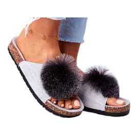 MSMG Pantuflas de Mujer Gris Sobre Corcho con Pompón Galaxo