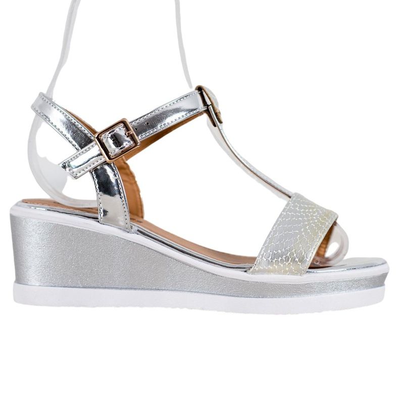 SHELOVET Cuñas plateadas con cuero ecológico gris