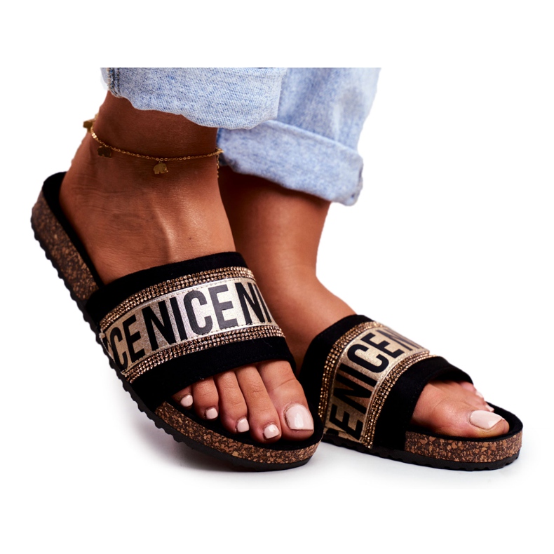 EVE Pantuflas Mujer Negras Sobre Corcho BeNice Pedrería Dorada negro amarillo