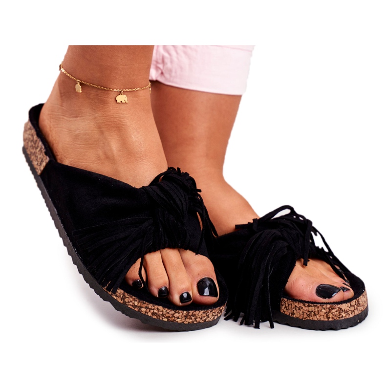 BUGO Pantuflas negras de mujer en el puerto deportivo con flecos de corcho negro BUGO Pantuflas negras de mujer en el puerto deportivo con flecos de corcho negro