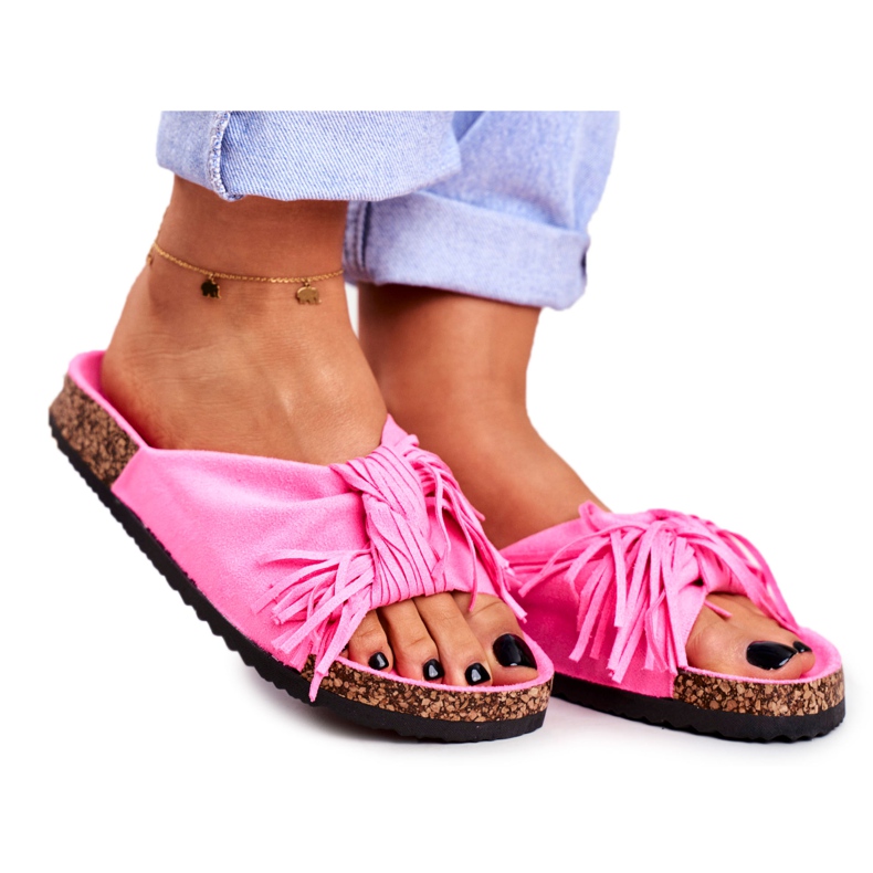 BUGO Chanclas rosa fluo para mujer con flecos de corcho Marina rosado