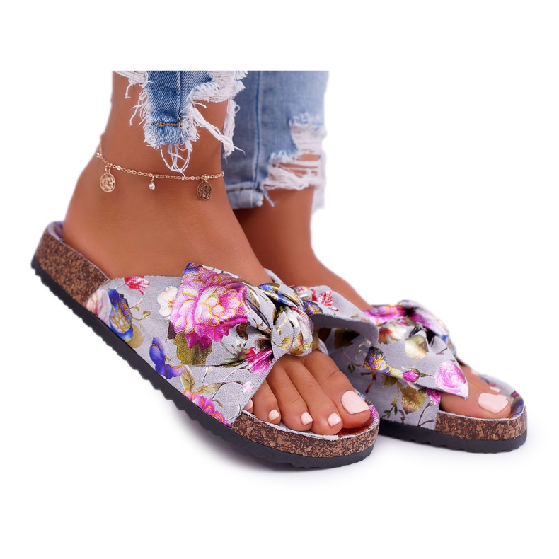 PS1 Pantuflas grises para mujer con flores de corcho Wendy's Bow rosado