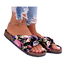 SEA Pantuflas negras de mujer con flores de corcho Wendy's Bow negro púrpura rosa dorado