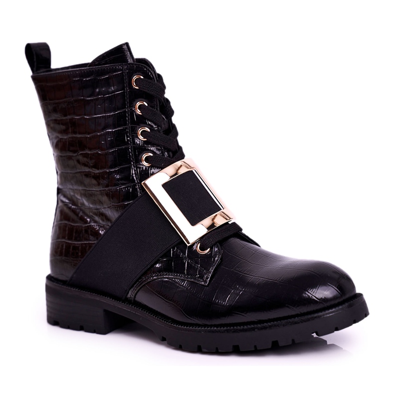 Botas de mujer con hebilla Happy Su Black negro dorado