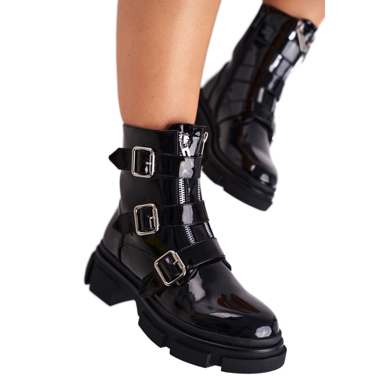 PS1 Botas Mujer Hebillas, Cremalleras, Lacado Negro Kassandra PS1 Botas Mujer Hebillas, Cremalleras, Lacado Negro Kassandra