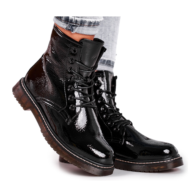 EVE Botas de Mujer Botas Trappers Lacadas Negro Marita