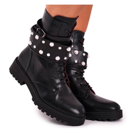 FE1 Botas altas planas de mujer negras con perlas Mishigan negro