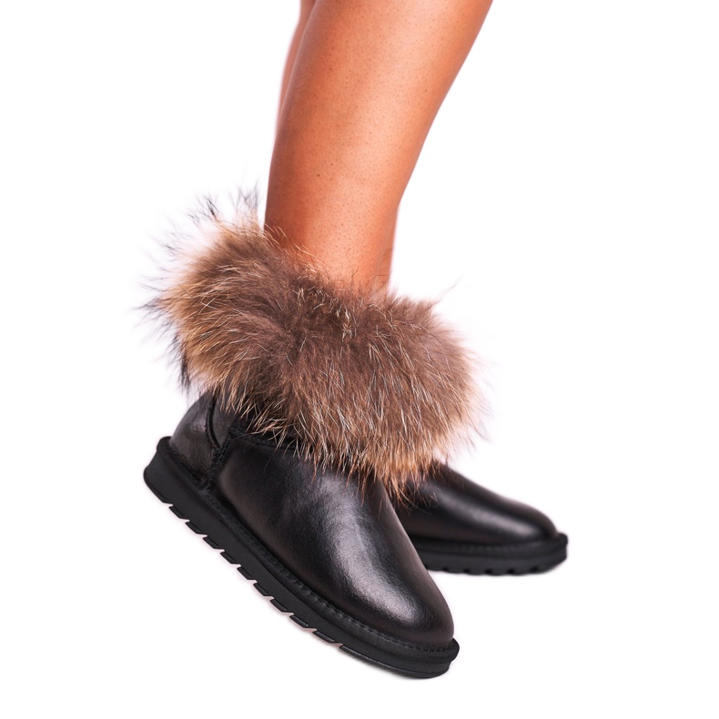 Botas de nieve de cuero para mujer con piel de zorro de nieve negro