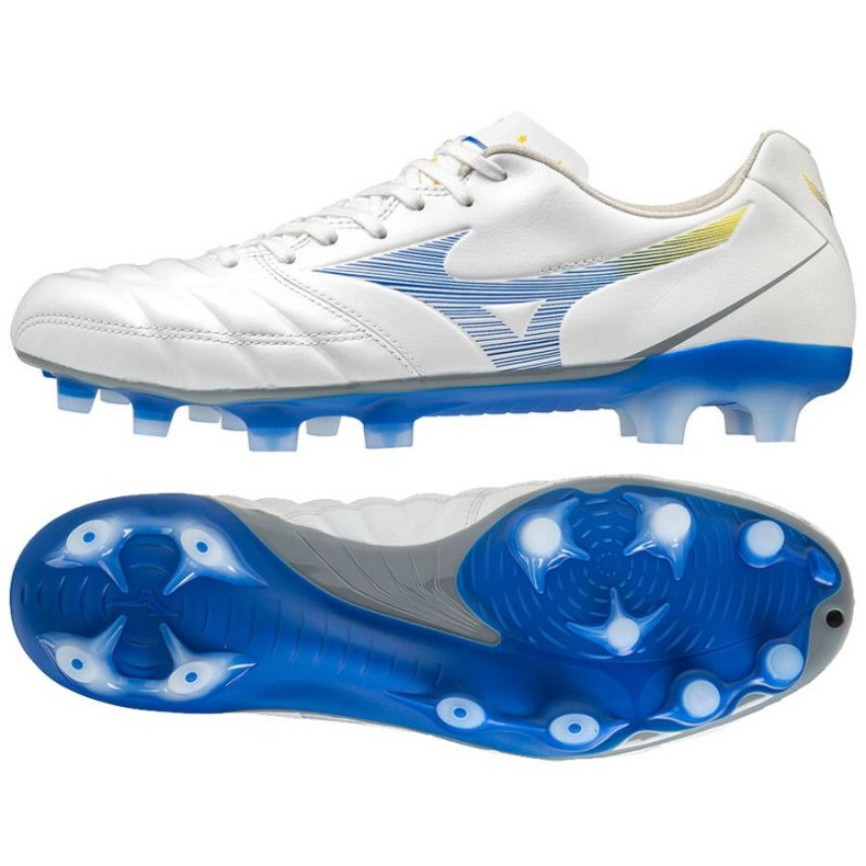 Botas de fútbol Mizuno Rebula Cup Elite Fg M P1GA207225 blanco, azul, amarillo blanco
