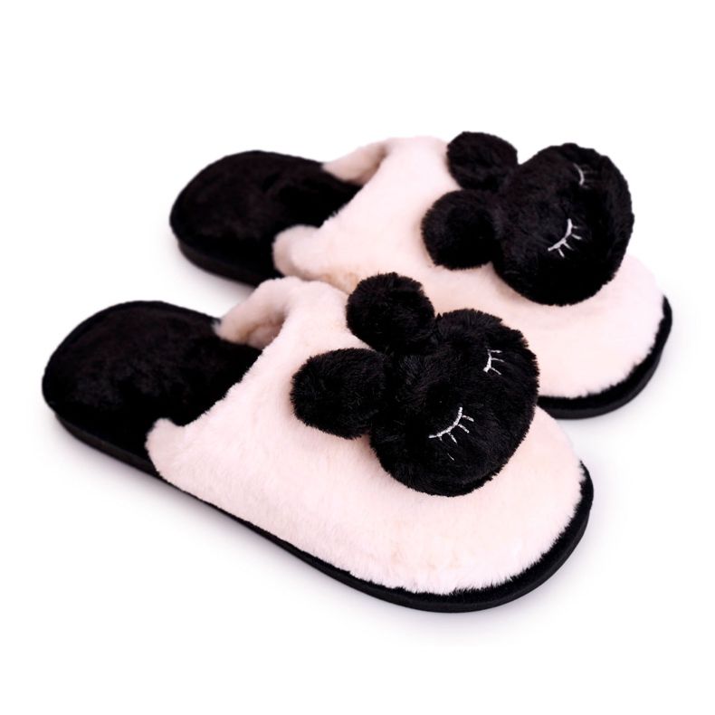 Pantuflas de piel de conejo negro para mujer blanco