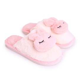 Zapatillas de mujer de piel, piel de conejo blanco y rosa