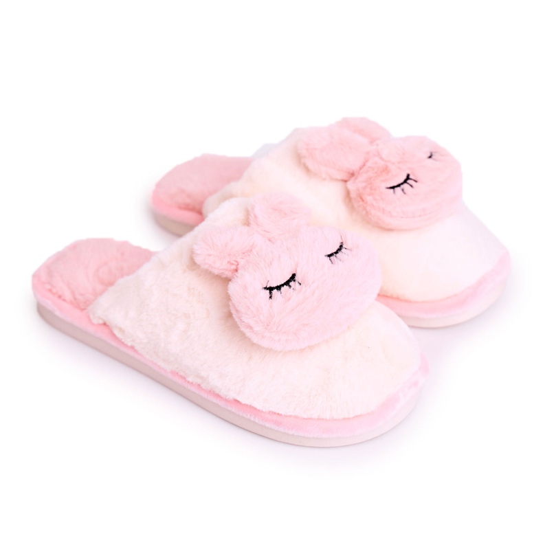 Zapatillas de mujer de piel, piel de conejo blanco y rosa rosado
