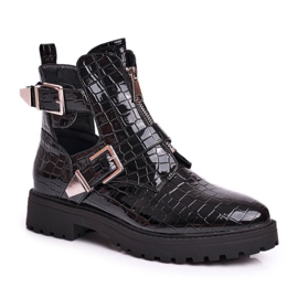 FB2 Botas De Mujer Con Recortes Lacado Croco Negro Dorothy