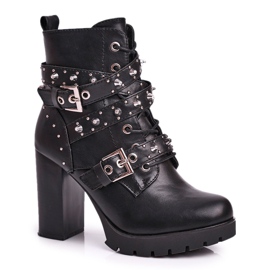 FRSS Botas de mujer de tacón alto con tachuelas Negro Olivia