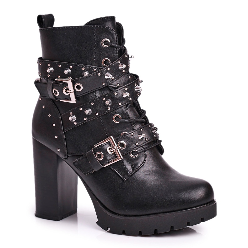 FRSS Botas de mujer de tacón alto con tachuelas Negro Olivia