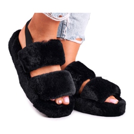 FJ1 Pantuflas de Mujer en la Plataforma de Piel Negro Algodón de Azúcar