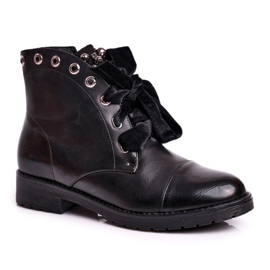 MSMG Botas de mujer con perlas de metal Warm Perla Ribbon negro MSMG Botas de mujer con perlas de metal Warm Perla Ribbon negro
