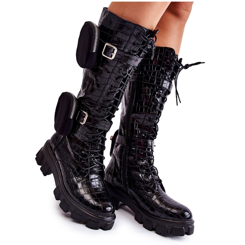 Joia Botas de Mujer Trappers con Bolsos Negro Estampado Animal Militar Joia Botas de Mujer Trappers con Bolsos Negro Estampado Animal Militar