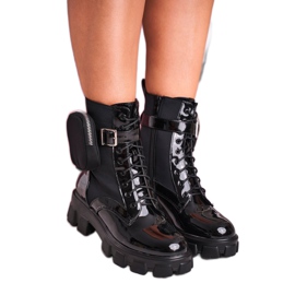 Joia Botas de mujer de charol negro del ejército negro en la plataforma del riñón Joia Botas de mujer de charol negro del ejército negro en la plataforma del riñón