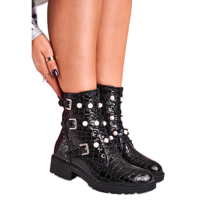 Botas Con Perlas Lacadas Motivo Animal Whitney Negro