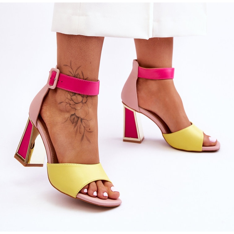 Sandalias Tacón Alto Elegantes Rosa-Amarillo 1