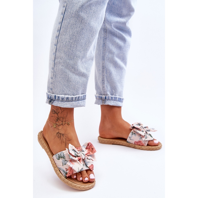 Pantuflas De Mujer Con Lazo De Tela Flor Beige 1