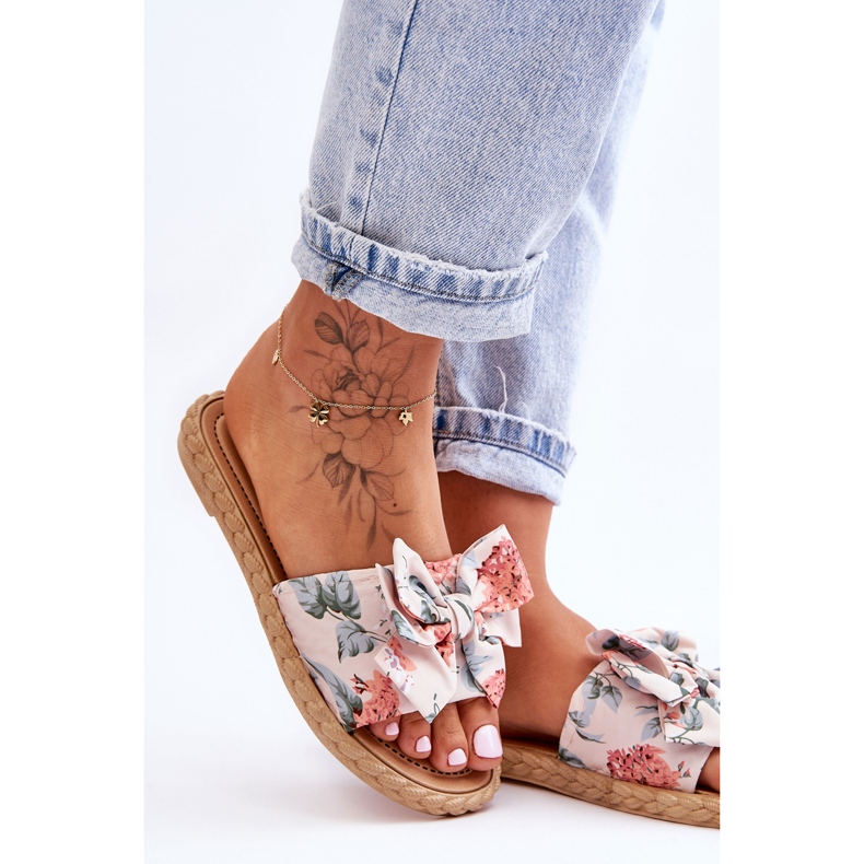 Pantuflas De Mujer Con Lazo De Tela Flor Beige 2