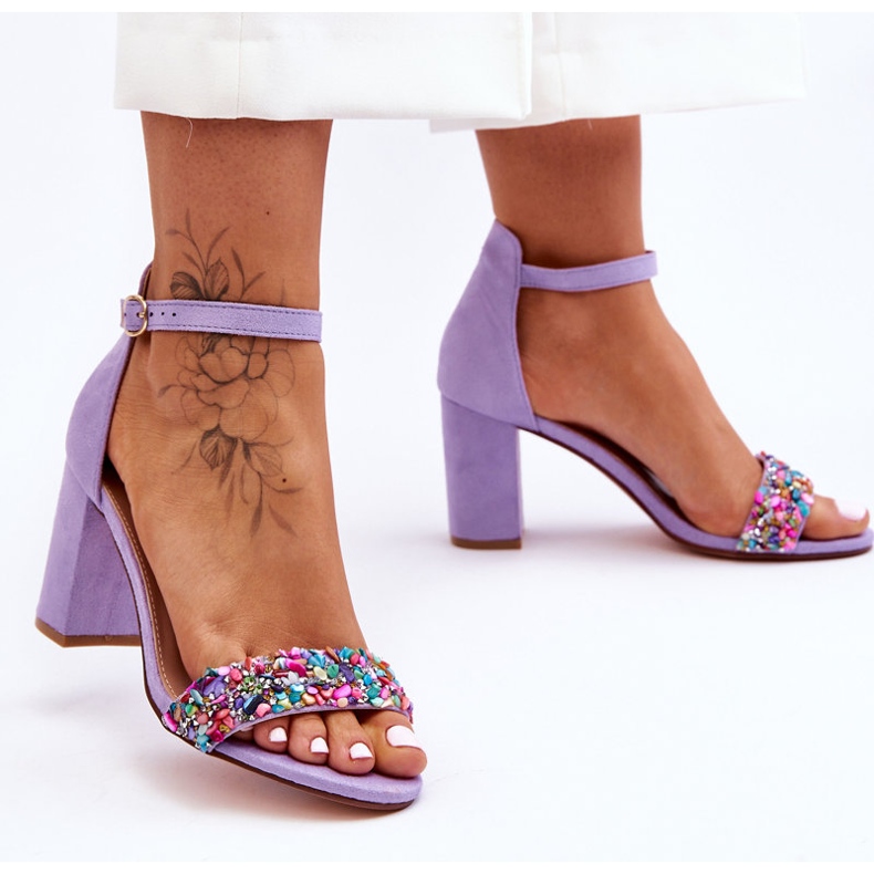 Sandalias De Tacón De Moda Con Piedras Púrpura Love Me 2