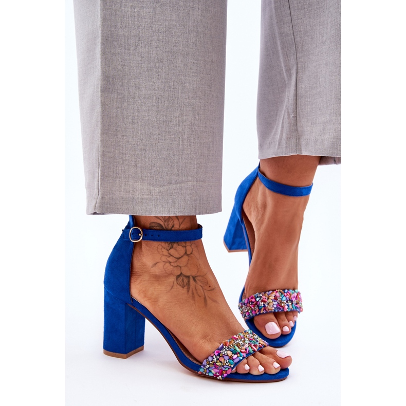 Sandalias De Tacón Alto De Moda Con Piedras Decorativas Azul Love Me 1