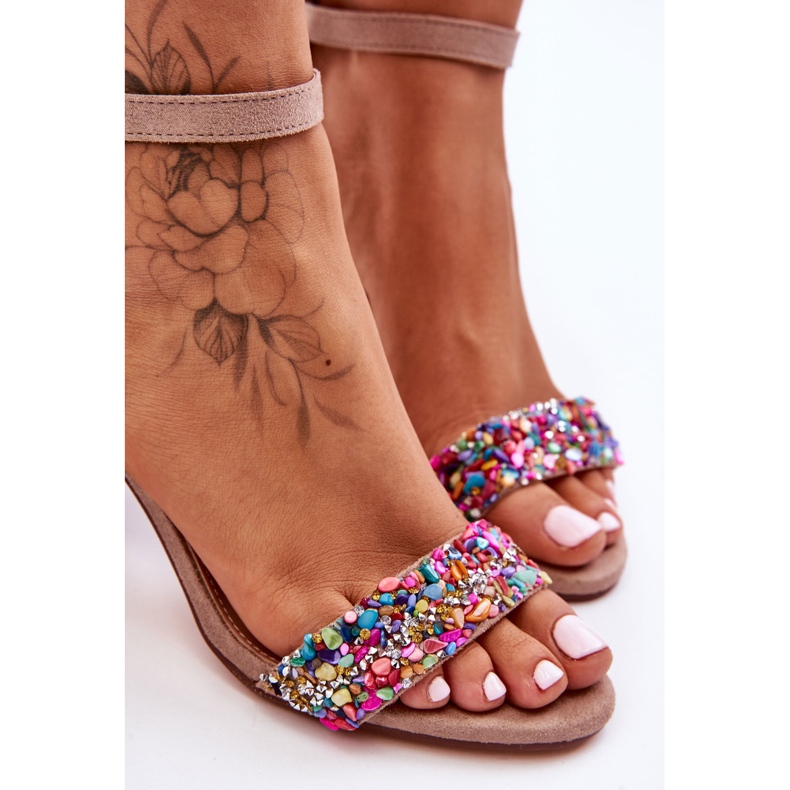 Sandalias De Tacón Alto De Moda Con Piedras Decorativas Beige Love Me 2