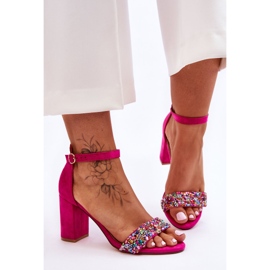 Sandalias De Tacón De Moda Con Piedras Decorativas Fucsia Love Me rosado 1