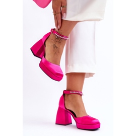 Bombas de moda en tacones masivos con circonitas fucsia adel rosado 3
