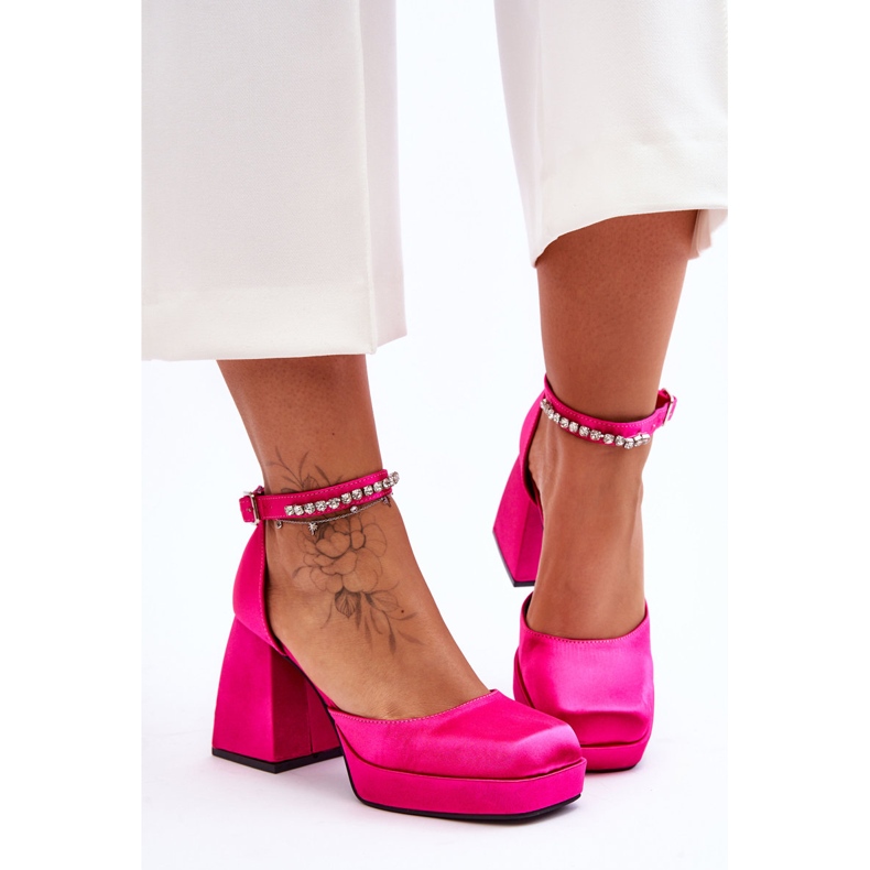 Bombas de moda en tacones masivos con circonitas fucsia adel rosado 2