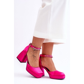 Bombas de moda en tacones masivos con circonitas fucsia adel rosado 5