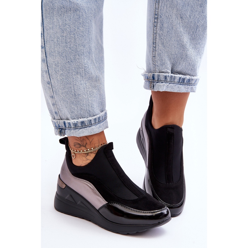 PE1 Zapatillas De Mujer Slip-On Wedge Negras Y Plateadas Farro negro 1