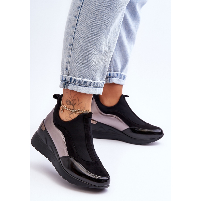 PE1 Zapatillas De Mujer Slip-On Wedge Negras Y Plateadas Farro negro 2