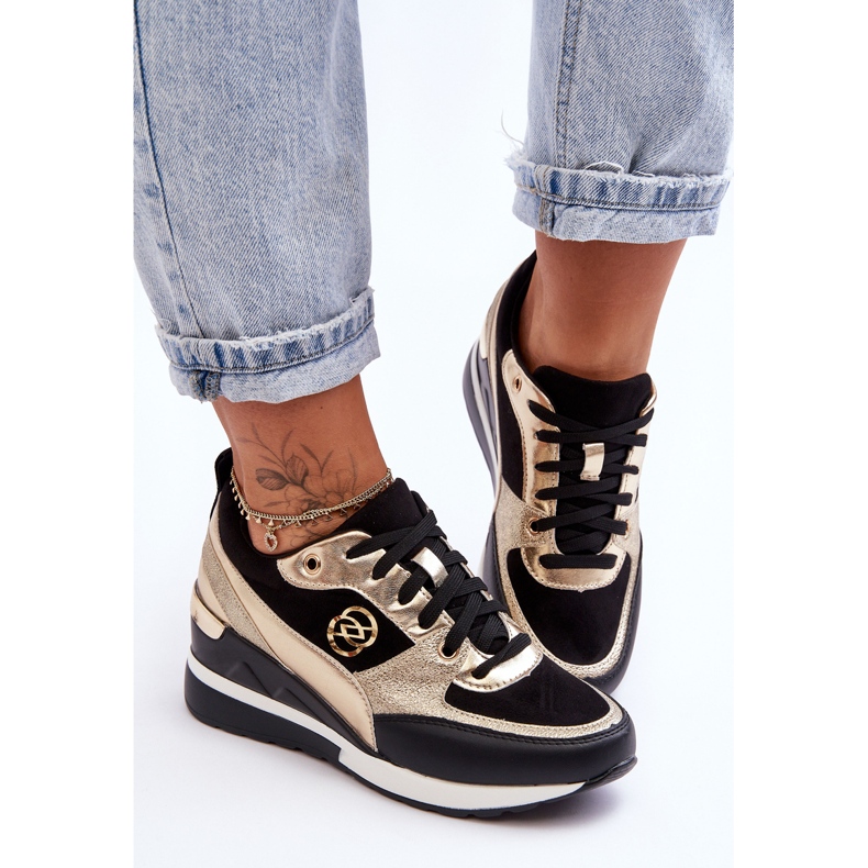 PE1 Zapatillas De Mujer Con Cuña Y Cordones Negro Y Dorado Genova 2