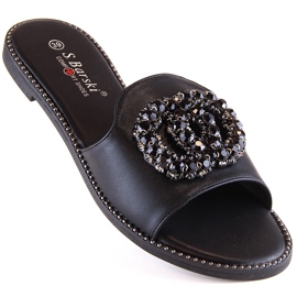Zapatillas casa cómodas mujer planas con circonitas negras S.Barski Kv 520-30 negro 1