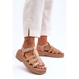 Sandalias Planas De Piel Con Rayas Diosa Beige 1