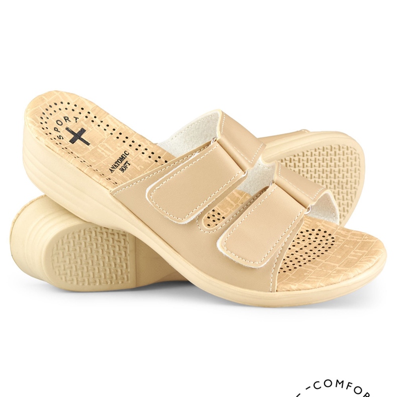 Cómodas zapatillas de casa de mujer con velcro beige 1