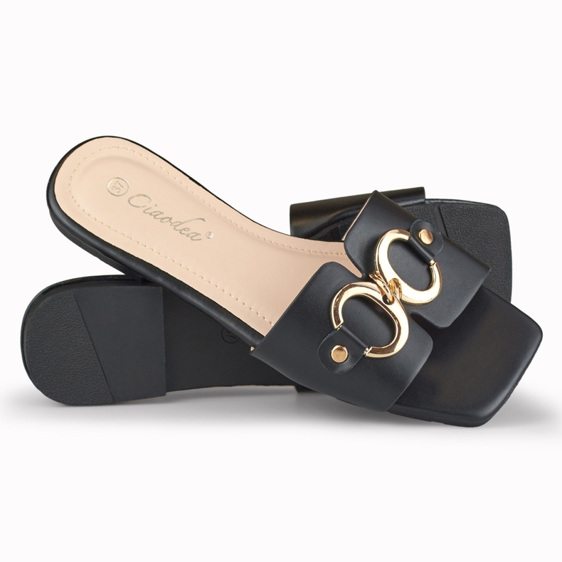 Pantuflas de mujer negras con decoración Hensi dorada negro 1