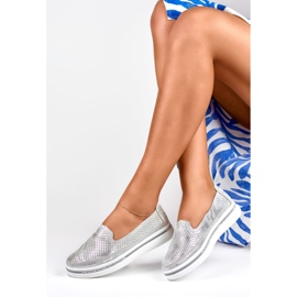 Zapatos mujer piel calados plata 4