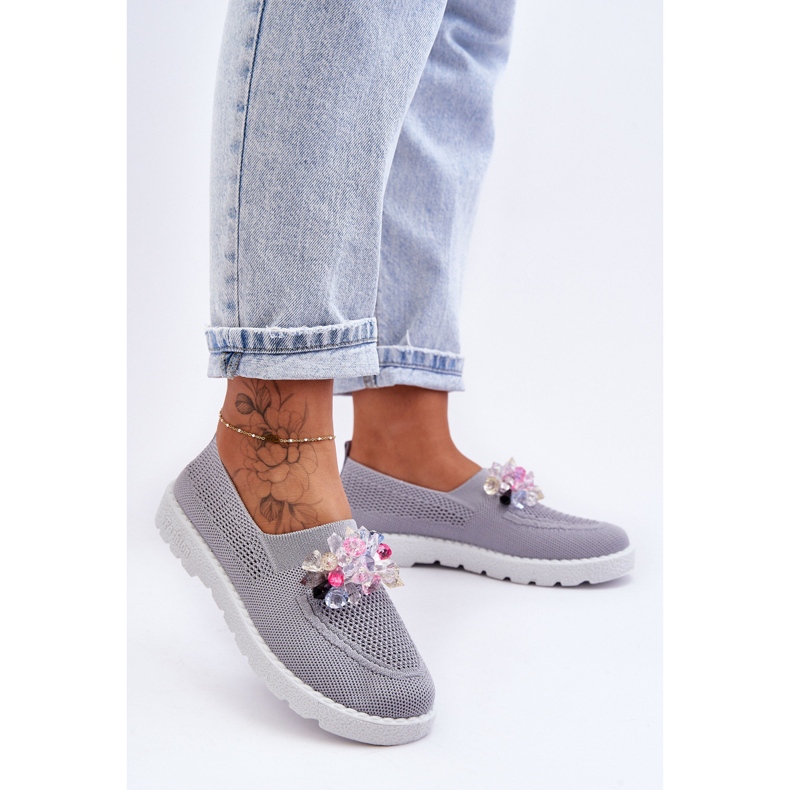 PM1 Zapatillas De Mujer Sin Cordones Con Piedras Gris Simple 2