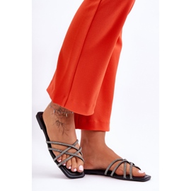Pantuflas De Mujer Con Rayas Y Strass Negro Leomi 5