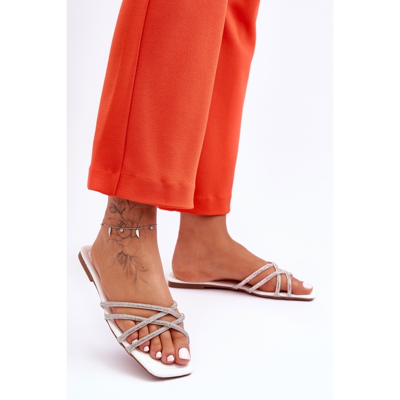 PG1 Sandalias Mujer Con Rayas Y Strass Blanco Leomi 2