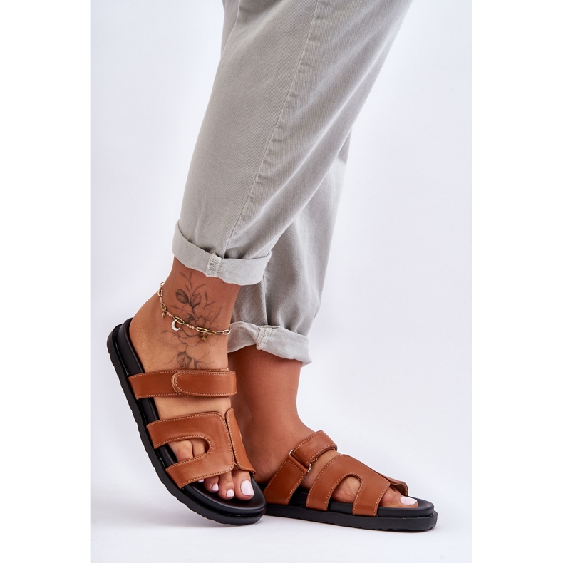 FJ1 Pantuflas Clásicas Mujer Piel Velcro Marrón Amedon 1