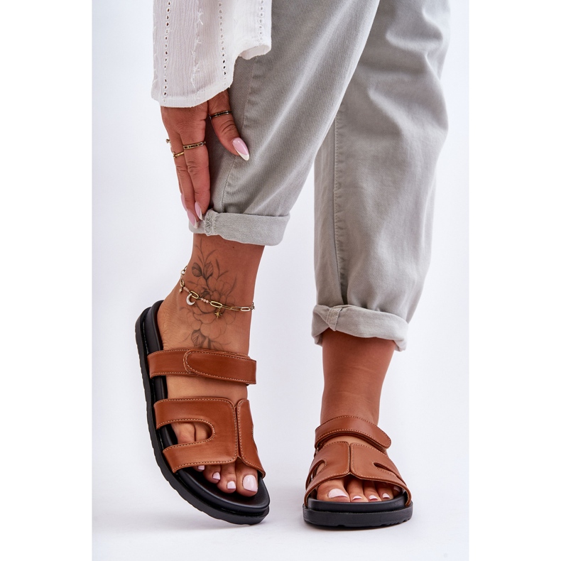 FJ1 Pantuflas Clásicas Mujer Piel Velcro Marrón Amedon 2