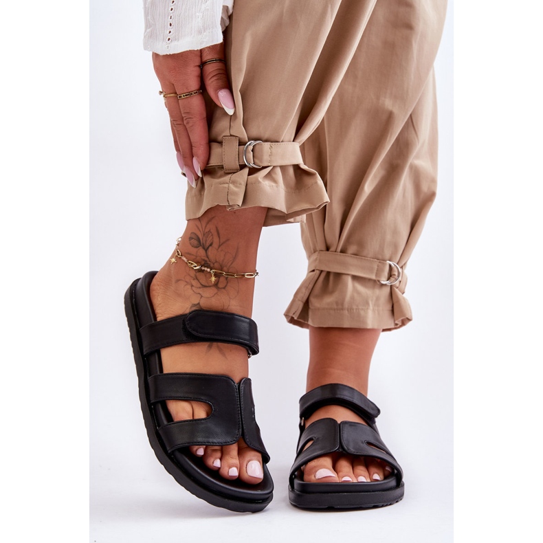 Chanclas Mujer Clásicas De Piel Con cierre adhesivo Negras Amedon negro 2