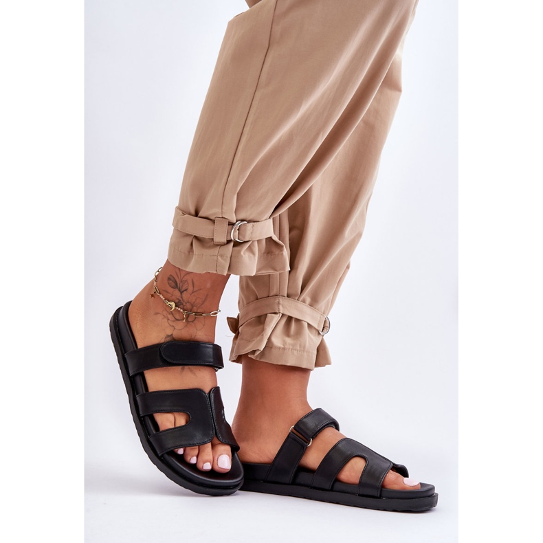 Chanclas Mujer Clásicas De Piel Con cierre adhesivo Negras Amedon negro 1