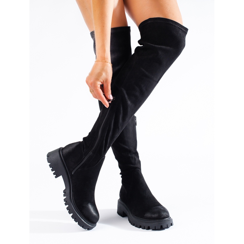 Botas altas Shelovet de mujer con tacón plano negro 1 Botas altas Shelovet de mujer con tacón plano negro 1